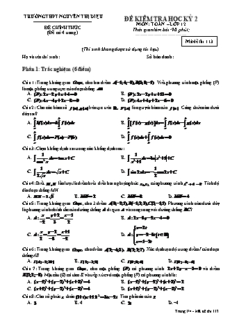 Đề kiểm tra Học kì 2 môn Toán Lớp 12 - Mã đề: 113 - Năm học 2018-2019 - Trường THPT Nguyễn Thị Diệu