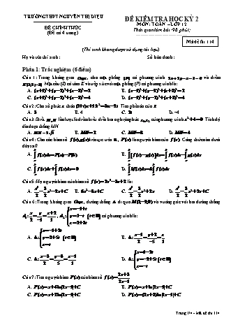 Đề kiểm tra Học kì 2 môn Toán Lớp 12 - Mã đề: 114 - Năm học 2018-2019 - Trường THPT Nguyễn Thị Diệu