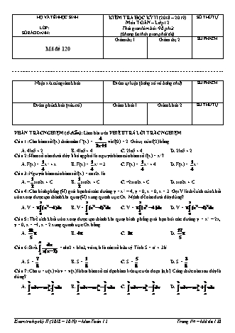 Đề kiểm tra Học kì 2 môn Toán Lớp 12 - Mã đề: 120 - Năm học 2018-2019 (Có đáp án)