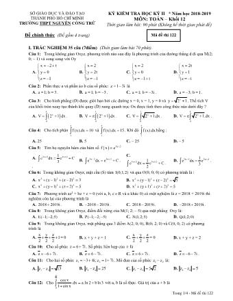 Đề kiểm tra Học kì 2 môn Toán Lớp 12 - Mã đề: 122 - Năm học 2018-2019 - Trường THPT Nguyễn Công Trứ