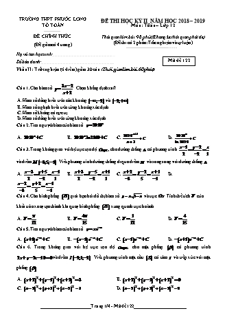 Đề kiểm tra Học kì 2 môn Toán Lớp 12 - Mã đề: 122 - Năm học 2018-2019 - Trường THPT Phước Long