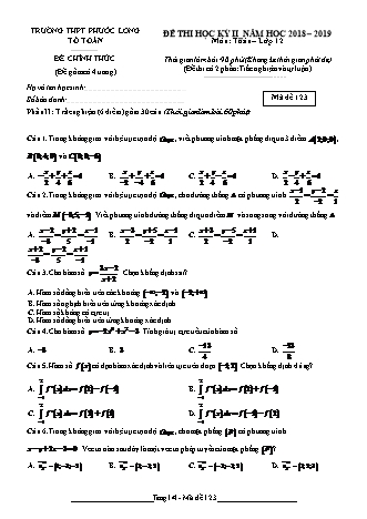 Đề kiểm tra Học kì 2 môn Toán Lớp 12 - Mã đề: 123 - Năm học 2018-2019 - Trường THPT Phước Long