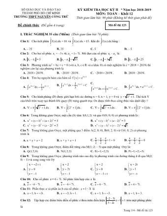 Đề kiểm tra Học kì 2 môn Toán Lớp 12 - Mã đề: 123 - Năm học 2018-2019 - Trường THPT Nguyễn Công Trứ