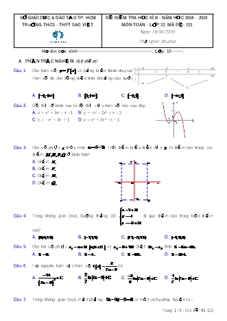 Đề kiểm tra Học kì 2 môn Toán Lớp 12 - Mã đề: 123 - Năm học 2018-2019 - Trường THPT Sao Việt