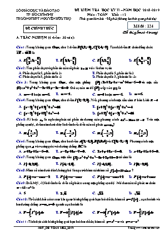 Đề kiểm tra Học kì 2 môn Toán Lớp 12 - Mã đề: 124 - Năm học 2018-2019 - Trường THPT Nguyễn Hữu Thọ