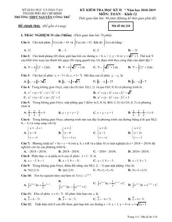 Đề kiểm tra Học kì 2 môn Toán Lớp 12 - Mã đề: 124 - Năm học 2018-2019 - Trường THPT Nguyễn Công Trứ
