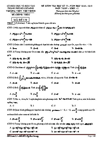 Đề kiểm tra Học kì 2 môn Toán Lớp 12 - Mã đề: 129 - Năm học 2018-2019 - Trường THPT Thủ Thiêm