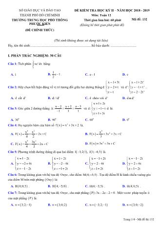 Đề kiểm tra Học kì 2 môn Toán Lớp 12 - Mã đề: 132 - Năm học 2018-2019 - Trường THPT Phước Kiến (Có đáp án)