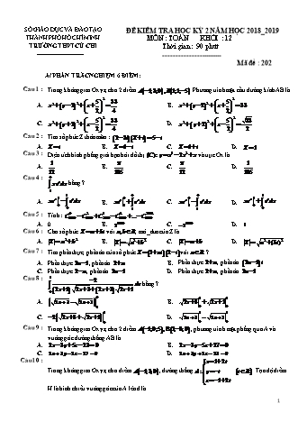 Đề kiểm tra Học kì 2 môn Toán Lớp 12 - Mã đề: 202 - Năm học 2018-2019 - Trường THPT Củ Chi (Có đáp án)