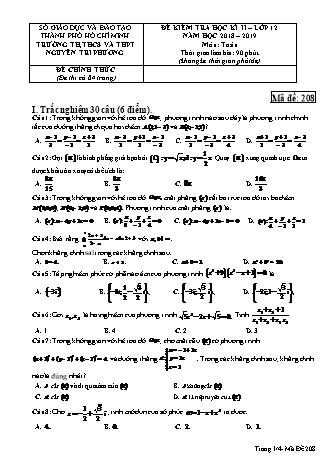 Đề kiểm tra Học kì 2 môn Toán Lớp 12 - Mã đề: 208 - Năm học 2018-2019 - Trường THPT Nguyễn Tri Phương