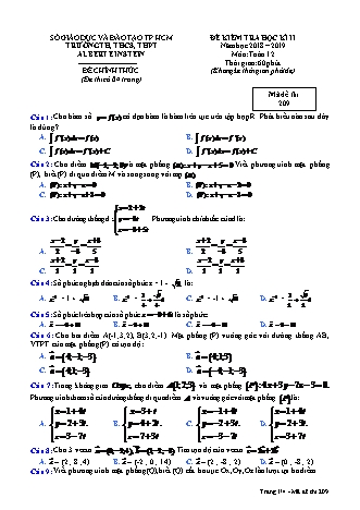 Đề kiểm tra Học kì 2 môn Toán Lớp 12 - Mã đề: 209 - Năm học 2018-2019 - Trường THPT Albert Einstein