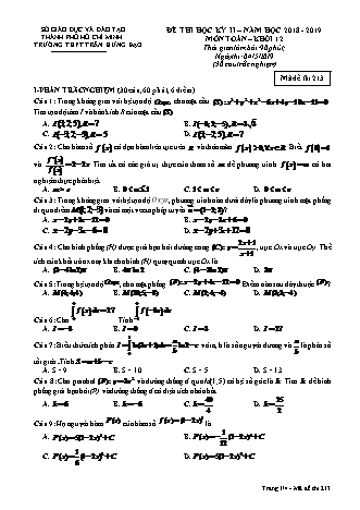 Đề kiểm tra Học kì 2 môn Toán Lớp 12 - Mã đề: 213 - Năm học 2018-2019 - Trường THPT Trần Hưng Đạo