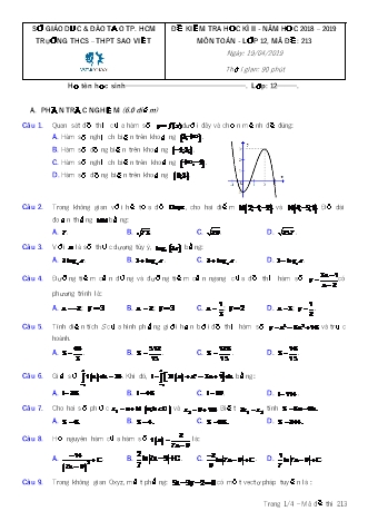 Đề kiểm tra Học kì 2 môn Toán Lớp 12 - Mã đề: 213 - Năm học 2018-2019 - Trường THPT Sao Việt