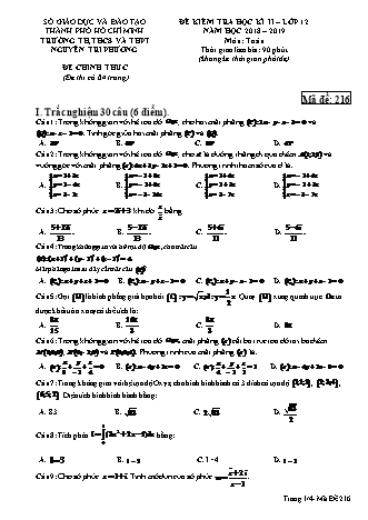 Đề kiểm tra Học kì 2 môn Toán Lớp 12 - Mã đề: 216 - Năm học 2018-2019 - Trường THPT Nguyễn Tri Phương