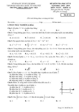 Đề kiểm tra Học kì 2 môn Toán Lớp 12 - Mã đề: 216 - Năm học 2018-2019 - Trường THPT Nam Việt
