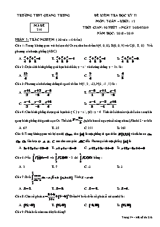 Đề kiểm tra Học kì 2 môn Toán Lớp 12 - Mã đề: 216 - Năm học 2018-2019 - Trường THPT Quang Trung