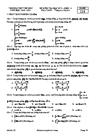 Đề kiểm tra Học kì 2 môn Toán Lớp 12 - Mã đề: 218 - Năm học 2018-2019 - Trường THPT Thủ Đức
