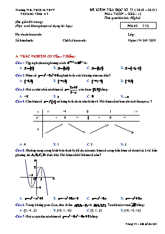 Đề kiểm tra Học kì 2 môn Toán Lớp 12 - Mã đề: 223 - Năm học 2018-2019 - Trường THPT Vĩnh Ký (Kèm đáp án và thang điểm)
