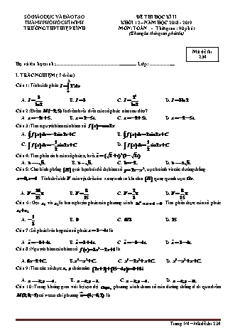 Đề kiểm tra Học kì 2 môn Toán Lớp 12 - Mã đề: 234 - Năm học 2018-2019 - Trường THPT Hiệp Bình