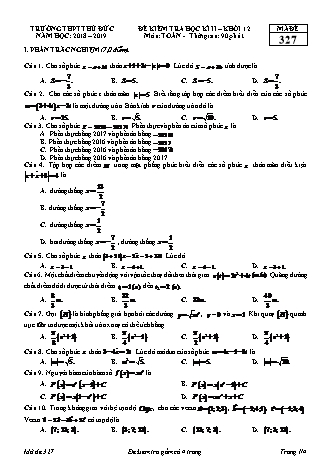 Đề kiểm tra Học kì 2 môn Toán Lớp 12 - Mã đề: 327 - Năm học 2018-2019 - Trường THPT Thủ Đức