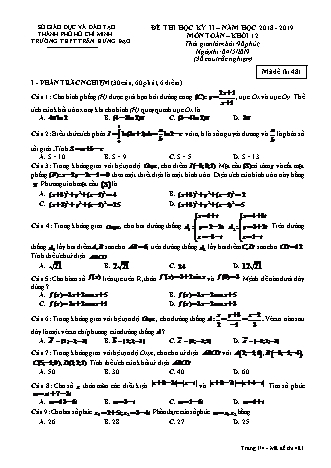 Đề kiểm tra Học kì 2 môn Toán Lớp 12 - Mã đề: 481 - Năm học 2018-2019 - Trường THPT Trần Hưng Đạo
