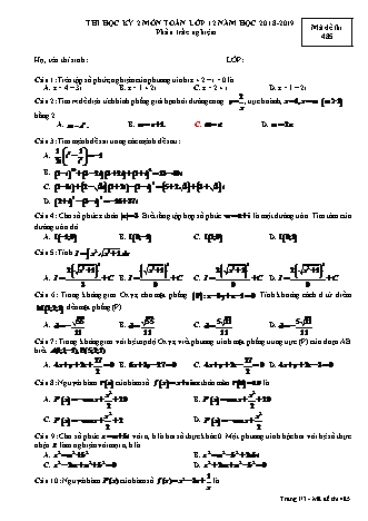 Đề kiểm tra Học kì 2 môn Toán Lớp 12 - Mã đề: 485 - Năm học 2018-2019 - Trường THPT Hai Bà Trưng (Có đáp án)