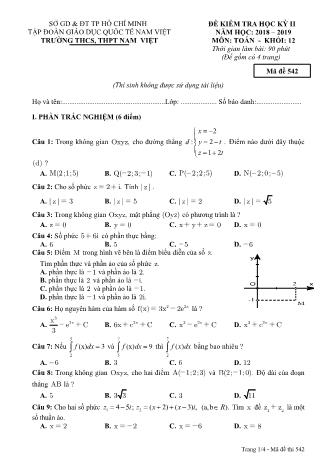 Đề kiểm tra Học kì 2 môn Toán Lớp 12 - Mã đề: 542 - Năm học 2018-2019 - Trường THPT Nam Việt