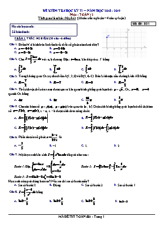 Đề kiểm tra Học kì 2 môn Toán Lớp 12 - Mã đề: 801 - Năm học 2018-2019