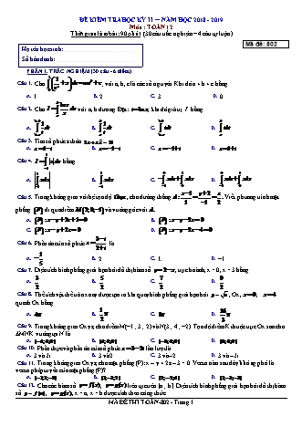 Đề kiểm tra Học kì 2 môn Toán Lớp 12 - Mã đề: 802 - Năm học 2018-2019