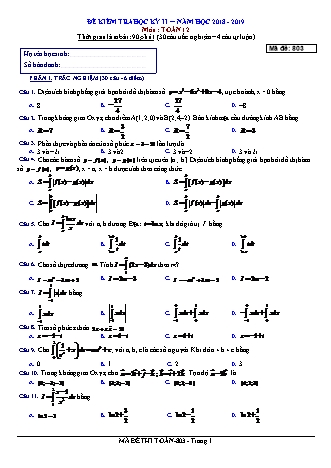 Đề kiểm tra Học kì 2 môn Toán Lớp 12 - Mã đề: 803 - Năm học 2018-2019