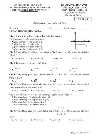 Đề kiểm tra Học kì 2 môn Toán Lớp 12 - Mã đề: 938 - Năm học 2018-2019 - Trường THPT Nam Việt