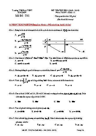 Đề kiểm tra Học kì 2 môn Toán Lớp 12 - Mã đề: T01 - Năm học 2018-2019 - Trường THPT Bắc Sơn