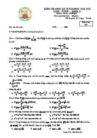 Đề kiểm tra Học kì 2 môn Toán Lớp 12 - Năm học 2018-2019 - Trường THPT Nguyễn Hiền