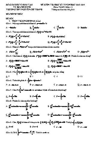 Đề kiểm tra Học kì 2 môn Toán Lớp 12 - Năm học 2018-2019 - Trường THPT Nguyễn Chí Thanh (Kèm đáp án và thang điểm)