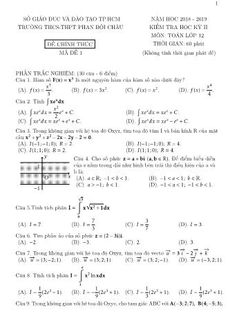 Đề kiểm tra Học kì 2 môn Toán Lớp 12 - Năm học 2018-2019 - Trường THPT Phan Bội Châu (Kèm đáp án và thang điểm)