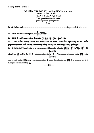 Đề kiểm tra Học kì 2 môn Toán Lớp 12 - Năm học 2018-2019 - Trường THPT Tây Thạnh (Kèm đáp án và thang điểm)