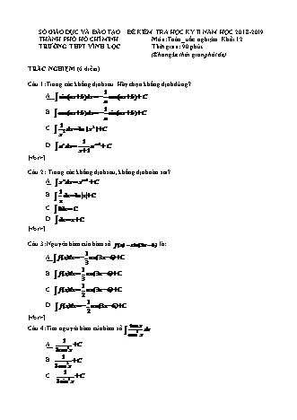 Đề kiểm tra Học kì 2 môn Toán Lớp 12 - Năm học 2018-2019 - Trường THPT Vĩnh Lộc