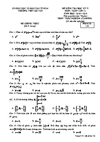 Đề kiểm tra Học kì 2 môn Toán Lớp 12 - Năm học 2018-2019 - Trường THPT Gò Vấp
