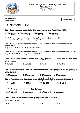 Đề kiểm tra Học kì 2 môn Toán Lớp 12 - Năm học 2018-2019 - Trường THPT Trần Nhân Tông (Có đáp án)