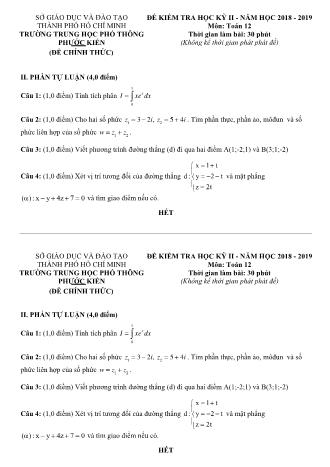 Đề kiểm tra Học kì 2 môn Toán Lớp 12 - Năm học 2018-2019 - Trường THPT Phước Kiến (Kèm đáp án và thang điểm)