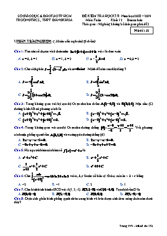 Đề kiểm tra Học kì 2 môn Toán Lớp 12 - Năm học 2018-2019 - Trường THPT Đăng Khoa (Kèm đáp án và thang điểm)