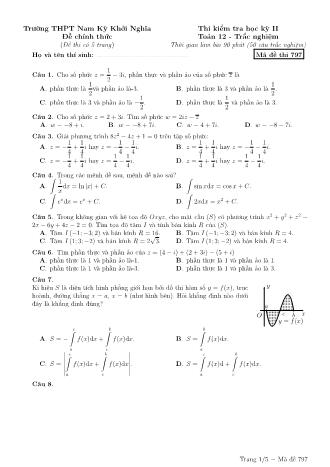 Đề kiểm tra Học kì 2 môn Toán Lớp 12 - Phần: Trắc nghiệm - Mã đề: 797 - Năm học 2018-2019 - Trường THPT Nam Kỳ Khởi Nghĩa (Có đáp án)