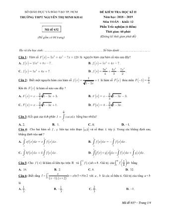 Đề kiểm tra Học kì 2 môn Toán Lớp 12 - Phần: Trắc nghiệm - Mã đề: 632 - Năm học 2018-2019 - Trường THPT Nguyễn Thị Minh Khai (Có đáp án)