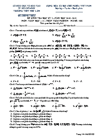 Đề kiểm tra Học kì 2 môn Toán Lớp 12 - Phần: Trắc nghiệm - Mã đề: 985 - Năm học 2018-2019 - Trường THPT Phú Lâm