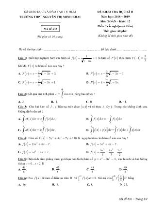 Đề kiểm tra Học kì 2 môn Toán Lớp 12 - Phần: Trắc nghiệm - Mã đề: 633 - Năm học 2018-2019 - Trường THPT Nguyễn Thị Minh Khai (Có đáp án)