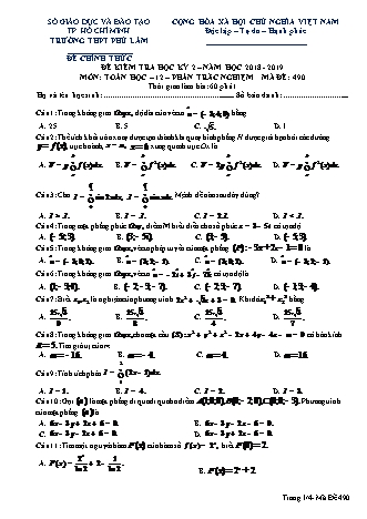 Đề kiểm tra Học kì 2 môn Toán Lớp 12 - Phần: Trắc nghiệm - Mã đề: 490 - Năm học 2018-2019 - Trường THPT Phú Lâm