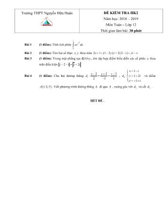 Đề kiểm tra Học kì 2 môn Toán Lớp 12 - Phần: Tự luận - Năm học 2018-2019 - Trường THPT Nguyễn Hữu Huân
