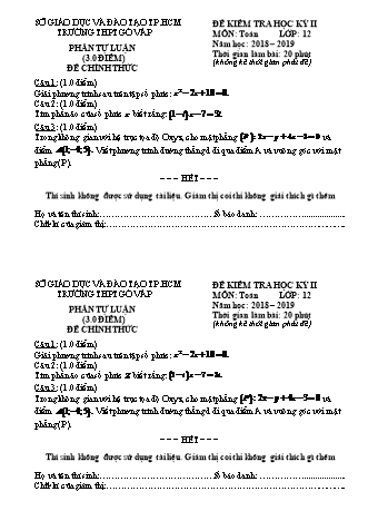 Đề kiểm tra Học kì 2 môn Toán Lớp 12 - Phần: Tự luận - Năm học 2018-2019 - Trường THPT Gò Vấp