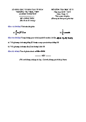 Đề kiểm tra Học kì 2 môn Toán Lớp 12 - Phần: Tự luận - Năm học 2018-2019 - Trường THPT Albert Einstein