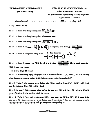 Đề kiểm tra lại môn Toán Lớp 10 - Năm học 2018-2019 - Trường THPT Lý Thường Kiệt (Có đáp án)